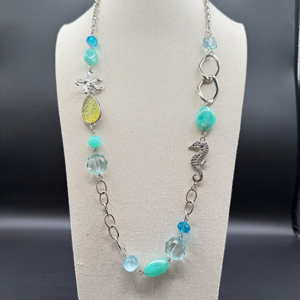 Seahorse Starfish Aqua Bead Silver Tone Long Necklace Coastal Beach Jewelry